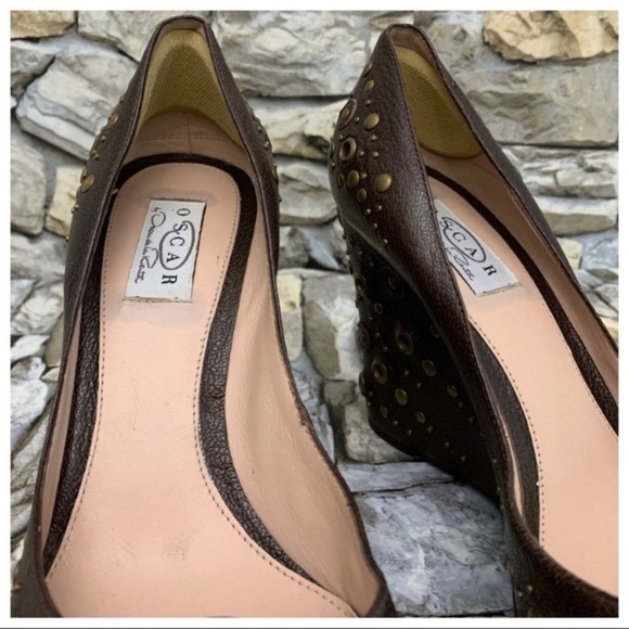 #10 Oscar de la Renta Tulah Bronze Grommet Rivet Stud Peep Toe Shoe Wedges Heels - Picture 5 of 10